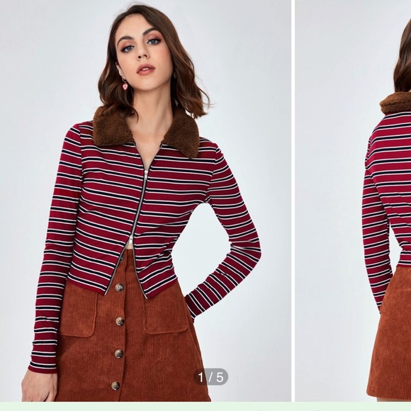 Womens Small Striped Print Zip Up T-Shirt red black white - Picture 1 of 12